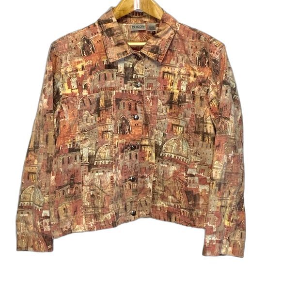 Chico’s Earth Tone European Cityscape Print Cotton Jean Jacket Size 2 - Picture 1 of 10